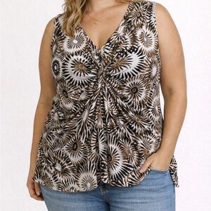 Yvos Sleeveless Top Size 18/20 White Black Brown Sunburst Stretch Gathered Front